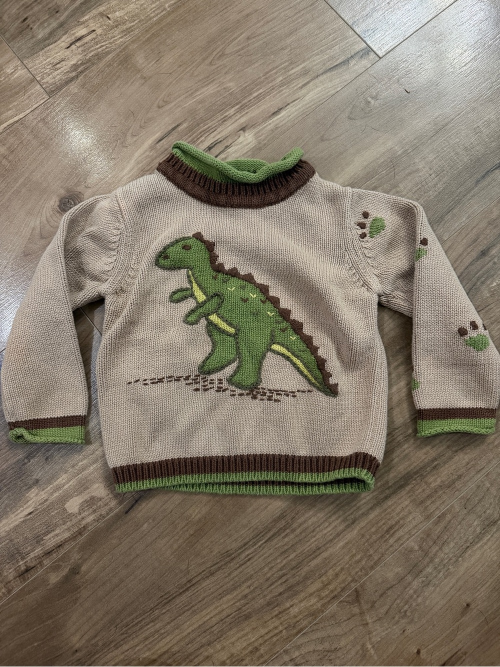 Beige & Green Dinosaur Knit Embroidered Sweater - Boys size 2T